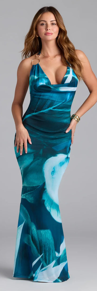 Step into summer looking effortlessly chic in the Dinner With A View Abstract Open Back Maxi Dress in blue, a must-have Windsor dress for your warm-weather wardrobe.