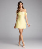 Style your seasonal looks with the Classics Lover Off-The-Shoulder Satin A-Line Mini Dress, a trend-right, yellow fall dress designed for any plan on your calendar with new and unqiue details.