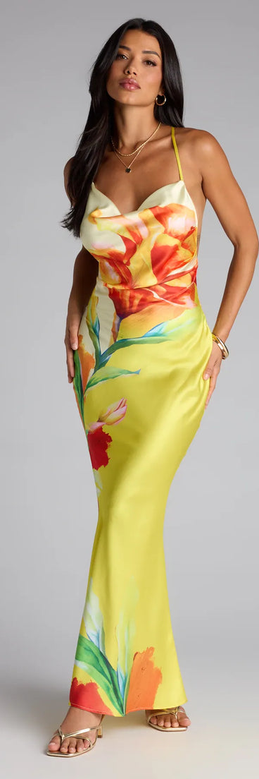The Sunset Muse Floral Satin Maxi Dress is your new go-to yellow dress—effortless, versatile, and made to update your fall style in seconds.
