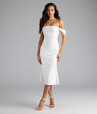 Feel instantly put-together in the Exceptional Off-The-Shoulder Flared Midi Dress in white, a fall wedding guest dress designed for confident style and all-out celebration.