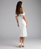 Own the evening in the Exceptional Off-The-Shoulder Flared Midi Dress in white, a fall cocktail dress perfect for rooftop parties and stylish soirées.