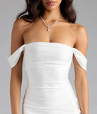 Step into the new season looking effortlessly chic in the Exceptional Off-The-Shoulder Flared Midi Dress in white, a must-have Windsor dress for your cool-weather wardrobe.