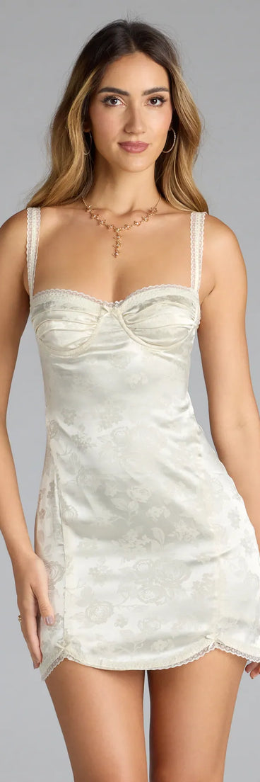 Shine with confidence, elegance, and standout style in the All In Love Sweetheart Lace Trim Satin Mini Dress—a white graduation dress designed with a fresh silhouette and the latest trends.