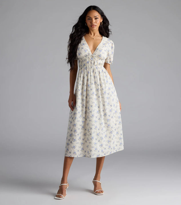 Summer Smiles Floral Puff Sleeve A-Line Midi Dress