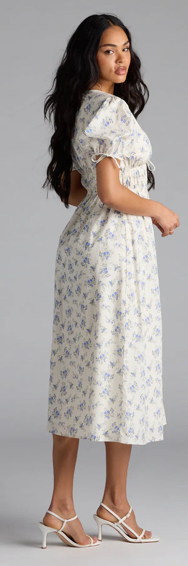 Soak up the season in the Summer Smiles Floral Puff Sleeve A-Line Midi Dress, a ivory sundress styled for easy days, outdoor plans, and everything in between.