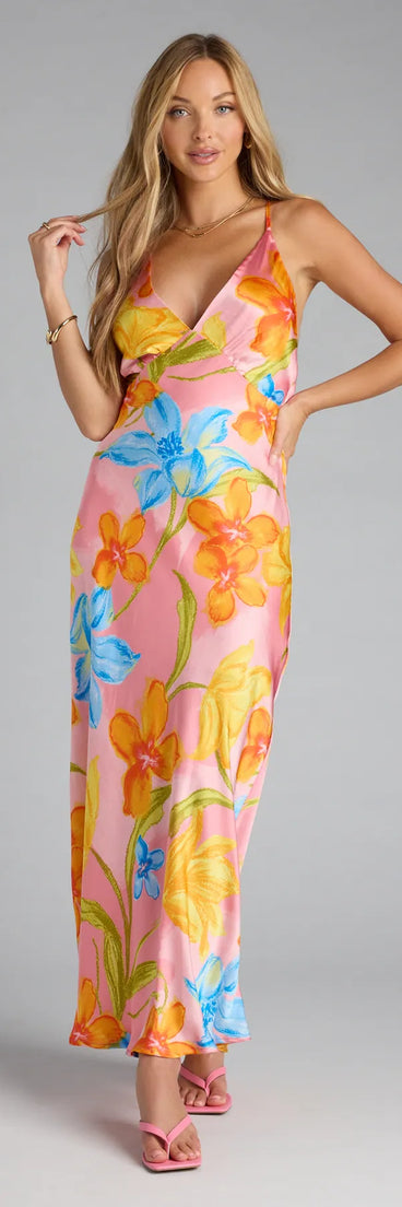Style your seasonal looks with the Island Glow Floral Satin Maxi Dress, a trend-right, pink fall dress designed for any plan on your calendar with new and unqiue details.
