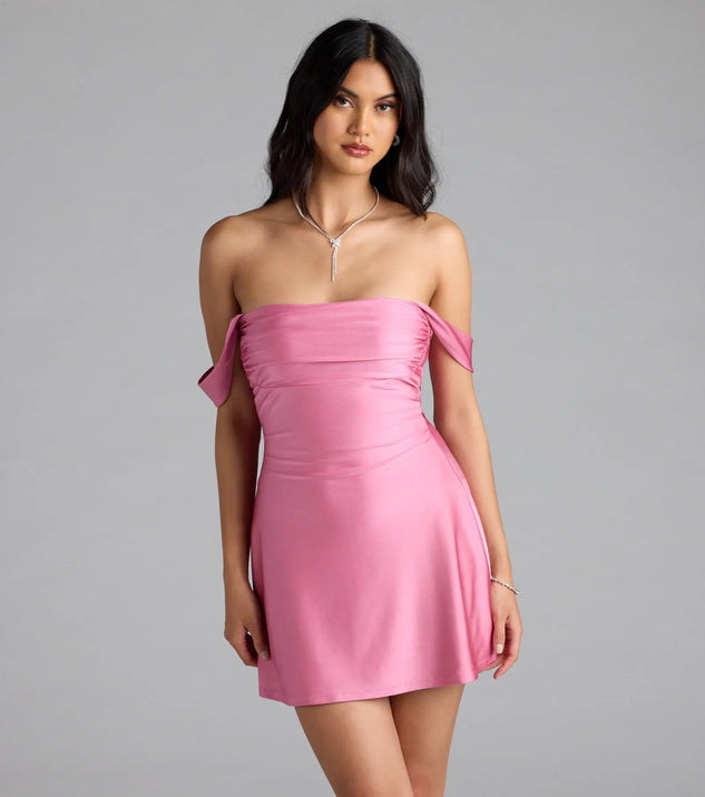 Shine with confidence, elegance, and standout style in the Classics Lover Off-The-Shoulder Satin A-Line Mini Dress—a pink graduation dress designed with a fresh silhouette and the latest trends.