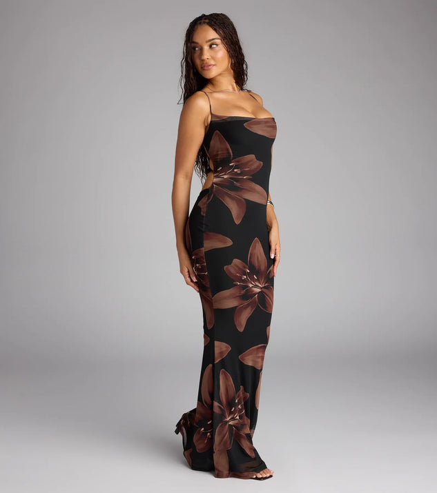 パーティードレス Botanic Blow Up-print Silk ette Gown Bloom With Grace Lace-Up Maxi Dress | Windsor