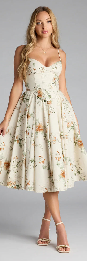 The Garden Party Goals Floral Corset A-Line Midi Dress is your new go-to natural dress—effortless, versatile, and made to update your fall style in seconds.