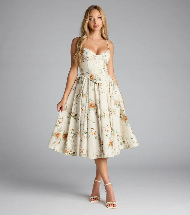 Garden Party Goals Floral Corset A-Line Midi Dress | Windsor Garden Party Goals Floral Corset A-Line Midi Dress | Windsor