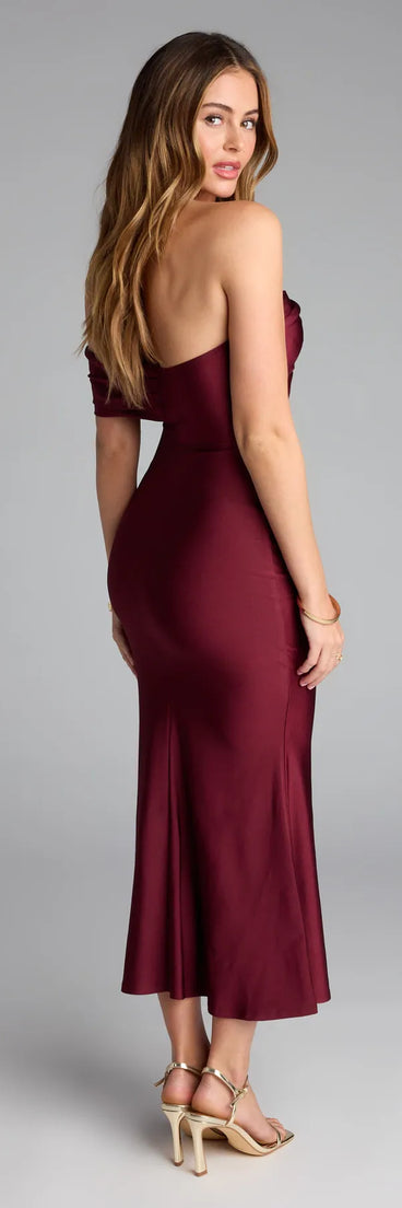 The Always Chic One-Shoulder Midi Dress in burgundy features a flattering fit and mid-calf hem, redefining effortless midi dresses for any occasion.
