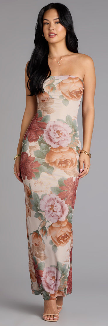 blooming beauty floral print mesh maxi dress Forbidden Love in Mocha 26 Length Bloom Season Floral Mesh Maxi