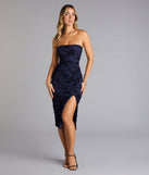 Velvet Vision Flocked Floral Strapless Midi Dress