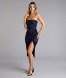 Velvet Vision Flocked Floral Strapless Midi Dress