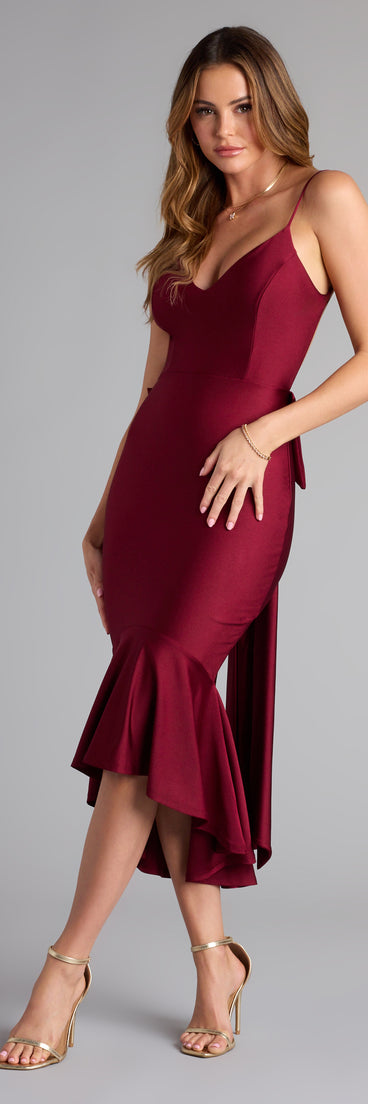 Feel ready for every dance floor moment or feed-worthy reel in the Back For More Ruffle Bow Midi Dress, a homecoming dress designed to own your moment.