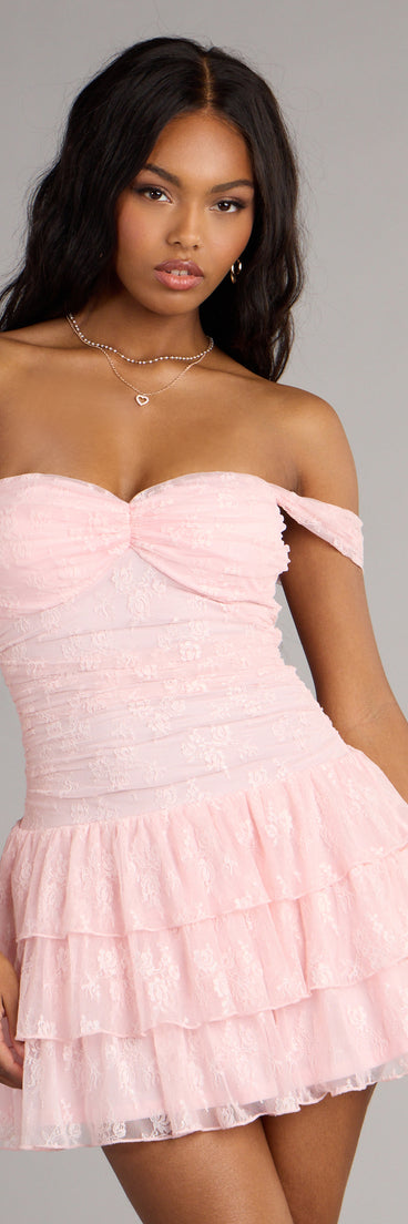 The Romance Language Off-The-Shoulder Lace Mini Dress is your new go-to Windsor dress—effortless, versatile, and made to update your fall style in seconds.