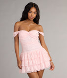 Romance Language Off-The-Shoulder Lace Mini Dress