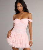 Romance Language Off-The-Shoulder Lace Mini Dress