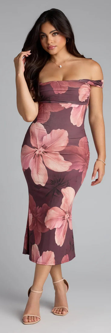 The Love in Bloom Floral Off-Shoulder Dress is your new go-to mauve dress—effortless, versatile, and made to update your fall style in seconds.