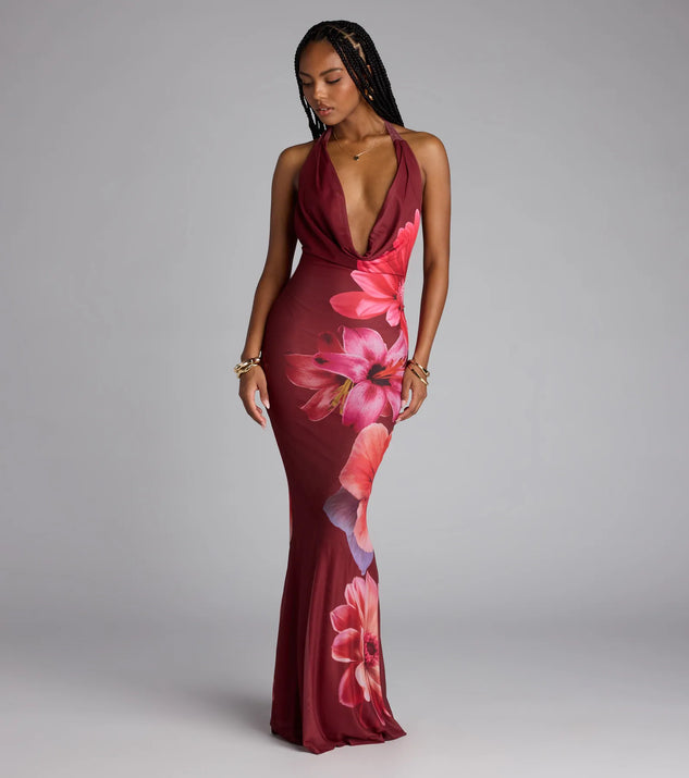 Amalfi Coast Plunge Neck Mermaid Floral Maxi Dress