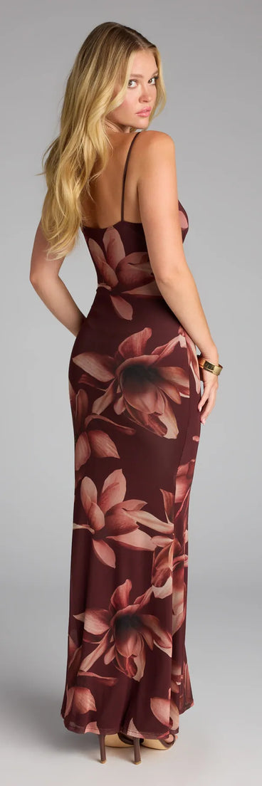 burgundy floral print mesh short sleeve maxi dress Sweet Talk Floral Mesh Maxi Dress in Brown | Size: L | Knit Fabric/Mesh Fabric/Mesh Fabric