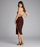 The Dinner Date Lace-Up Midi Dress in brown features a flattering fit and mid-calf hem, redefining effortless midi dresses for any occasion.