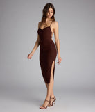 The Dinner Date Lace-Up Midi Dress in brown features a flattering fit and mid-calf hem, redefining effortless midi dresses for any occasion.