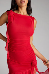 ruched rosette ruffle mini dress Stop And Stun Rosette Ruffle Mini Dress