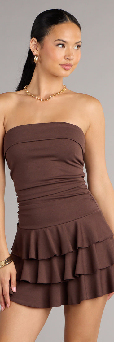 The Ruffle It Up Strapless Mini Dress is your new go-to Windsor dress—effortless, versatile, and made to update your fall style in seconds.