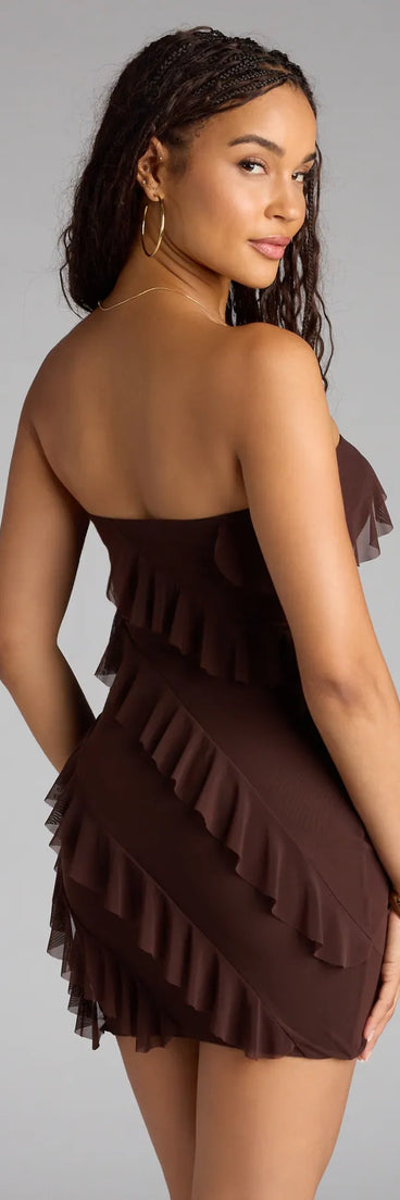 Feel ready for every dance floor moment or feed-worthy reel in the Spice It Up Ruffle Mini Tube Dress, a brown homecoming dress designed to own your moment.