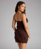 Feel ready for every dance floor moment or feed-worthy reel in the Spice It Up Ruffle Mini Tube Dress, a brown homecoming dress designed to own your moment.
