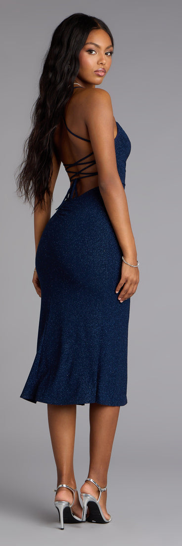 Sparkly Allure Glitter Knit Lace-Up Midi Dress | Windsor Sparkly Allure Glitter Knit Lace-Up Midi Dress | Windsor