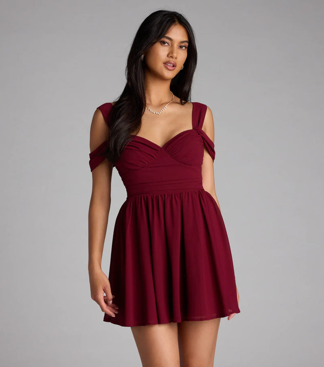 Steal the spotlight in the Flowy Chic Chiffon Cold-Shoulder Skater Dress in wine, a fiery pick from the red homecoming dresses collection designed for bold entrances.