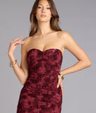 Velvet Bloom Flocked Floral Strapless Midi Dress