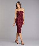 Velvet Bloom Flocked Floral Strapless Midi Dress