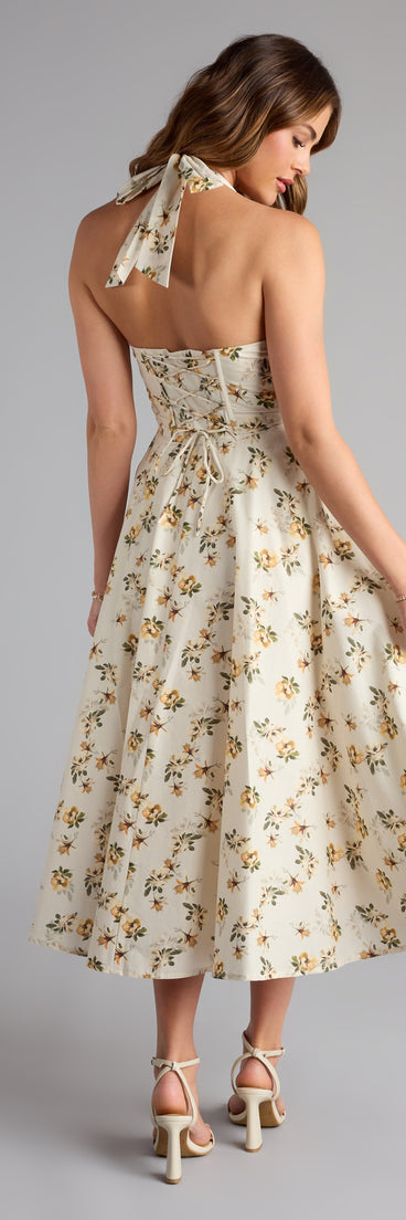 Style your seasonal looks with the Set For Spring Halter Corset Floral Midi Dress, a trend-right, fall dress designed for any plan on your calendar with new and unqiue details.