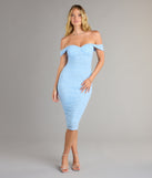 Feel ready for every dance floor moment or feed-worthy reel in the Classy Perfection Off-The-Shoulder Pearl Midi Dress, a homecoming dress designed to own your moment.