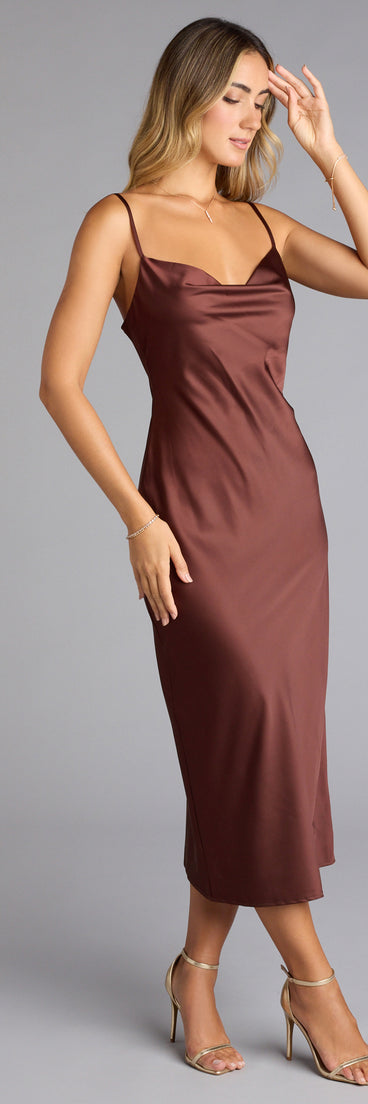 The Effortless Charm Satin Midi Dress is your new go-to Windsor dress—effortless, versatile, and made to update your fall style in seconds.