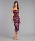 Rosé Evening Floral Mesh Midi Dress