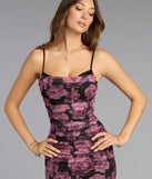 Rosé Evening Floral Mesh Midi Dress