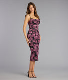 Rosé Evening Floral Mesh Midi Dress