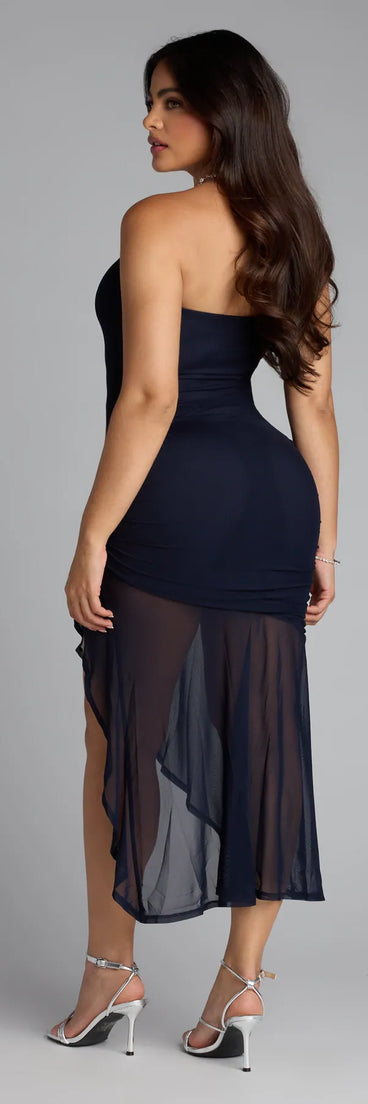 All Eyes On You Strapless Ruffle Midi Dress All Eyes On You Strapless Ruffle Midi Dress