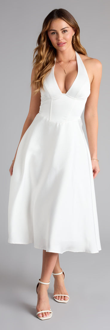 The Love At First Twirl Halter Corset Satin Midi Dress is your new go-to Windsor dress—effortless, versatile, and made to update your fall style in seconds.
