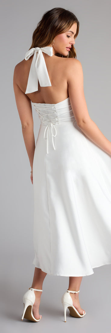 Style your seasonal looks with the Love At First Twirl Halter Corset Satin Midi Dress, a trend-right, fall dress designed for any plan on your calendar with new and unqiue details.