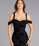Chic Affair Flocked Floral Velvet Cold-Shoulder Midi Dress