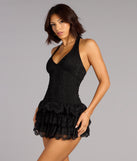 The Ruffle Me Up Lace Halter Mini Dress is your new go-to Windsor dress—effortless, versatile, and made to update your fall style in seconds.