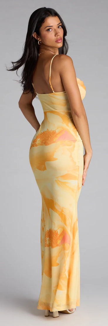 Feel ready for every dance floor moment or feed-worthy reel in the Coastal Luxe Floral Mermaid Maxi Dress, a yellow homecoming dress designed to own your moment.