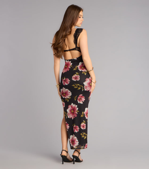 lace floral ruffle hem split maxi dress Lace Square Neck Floral Ruffle Hem Split Maxi Dress For