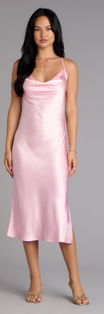 The Dreamy Luxe Satin Strappy Back Midi Dress is your new go-to Windsor dress—effortless, versatile, and made to update your fall style in seconds.