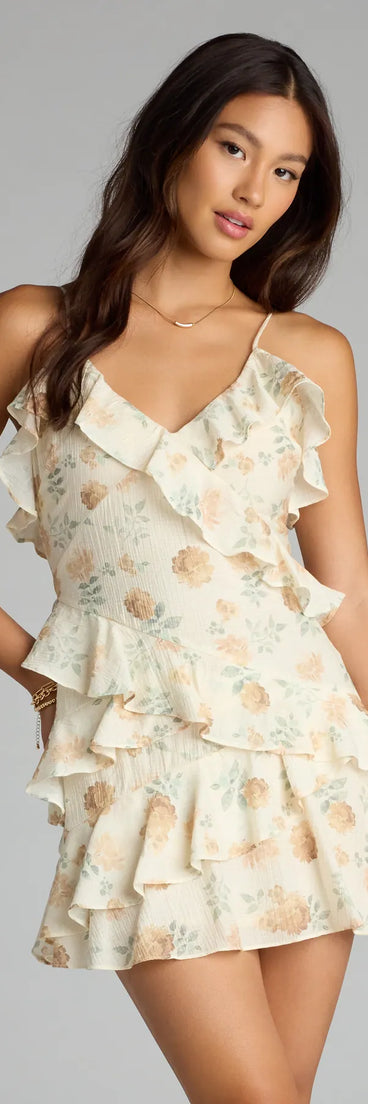 The Floral Darling Chiffon Ruffle Mini Dress is your new go-to natural dress—effortless, versatile, and made to update your fall style in seconds.